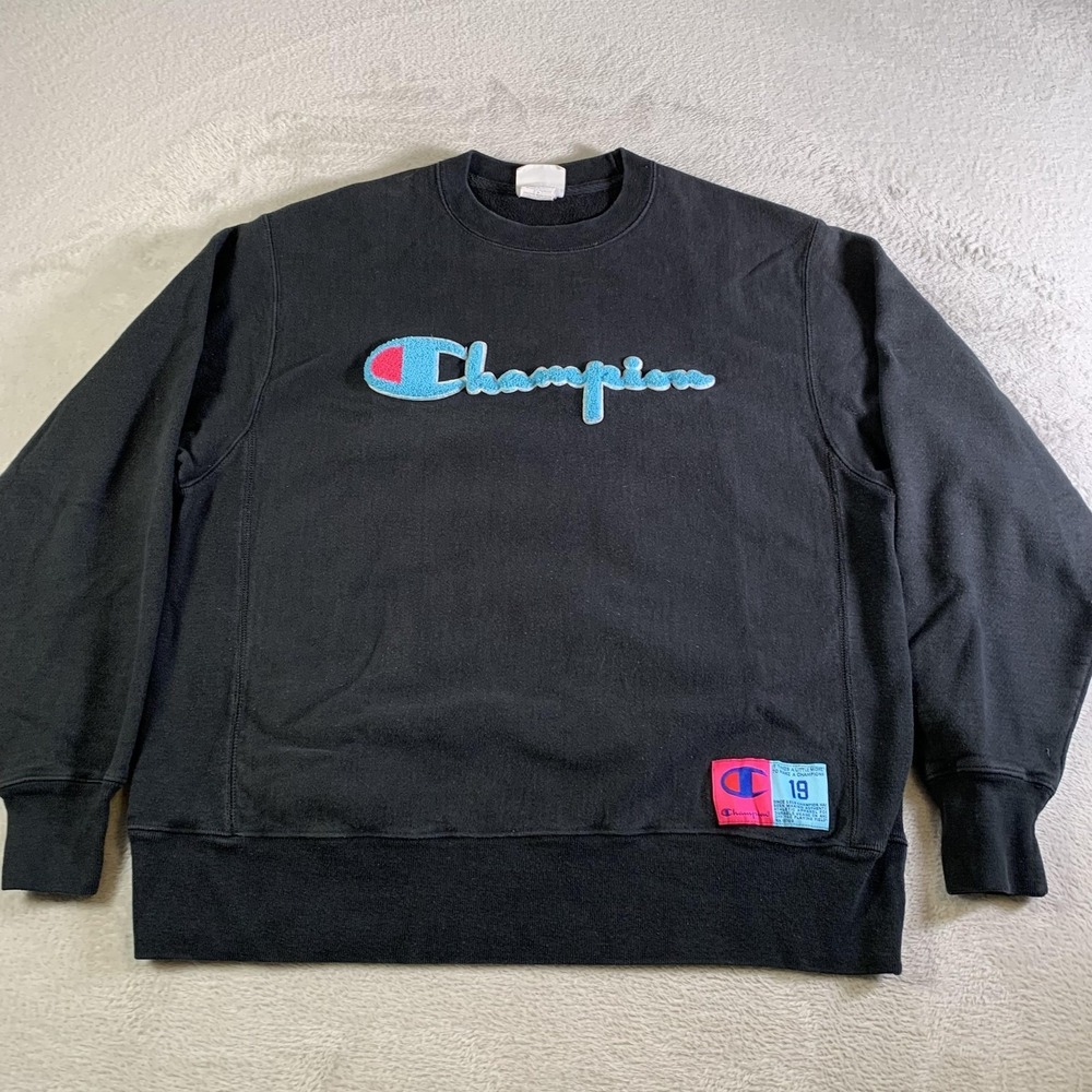 Champion Reverse Weave Sweatshirt Mens Large Black Chenille 100 Year Anniversary